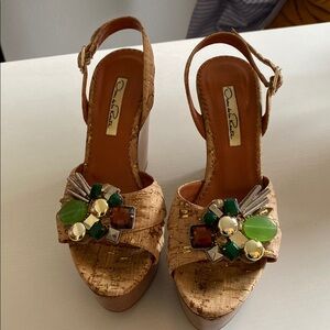 Oscar de la Renta Tan and Green Platform Shoes